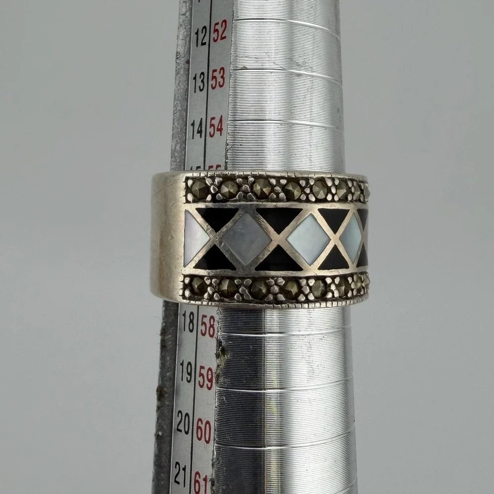 Vintage NF Sterling Silver Ring 8 Sterling Silver 925 Marcasite Onyx Thailand